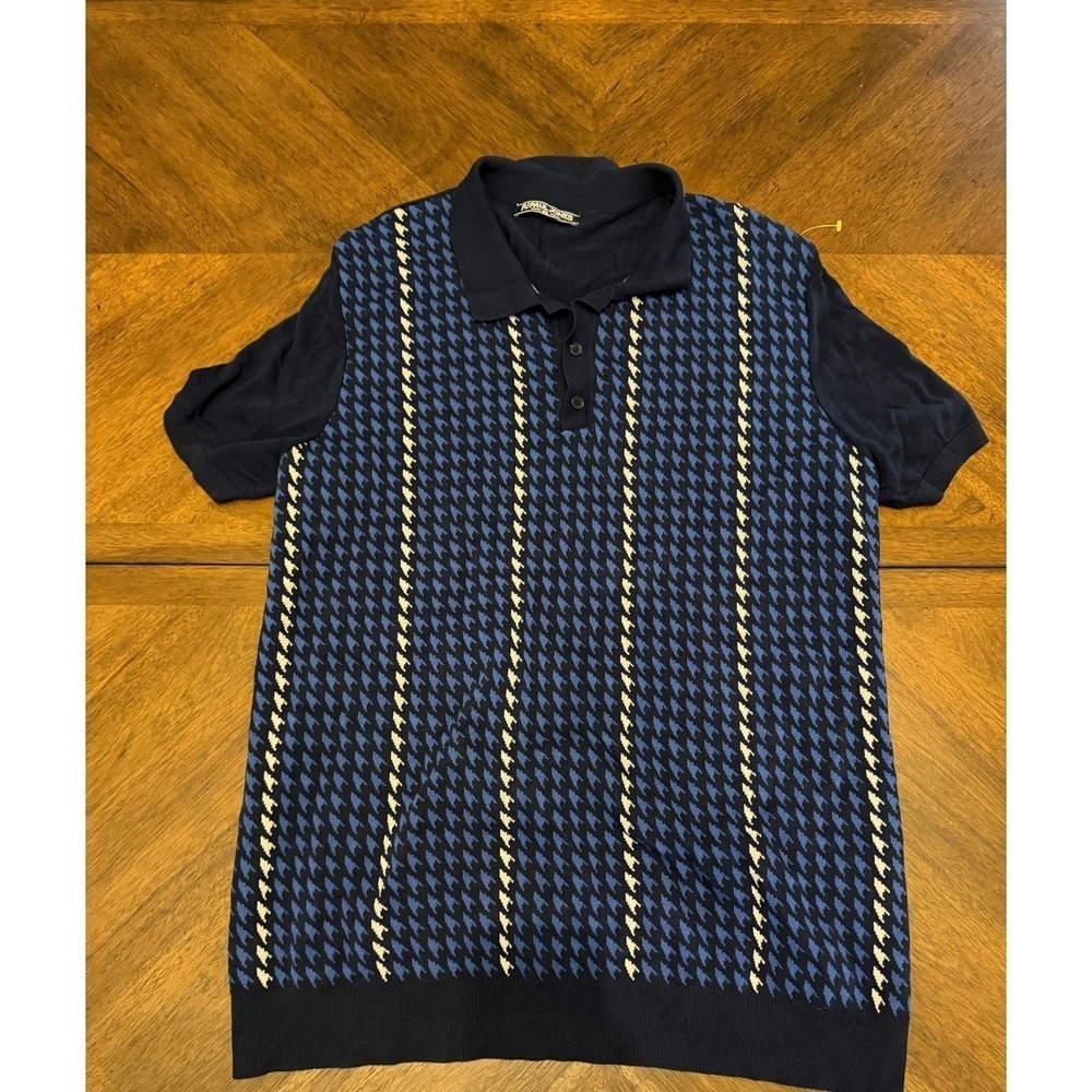 PJ Paul Jones Mens XL Knit Polo Shirt Navy Houndstooth‎ Striped Retro Short Sl